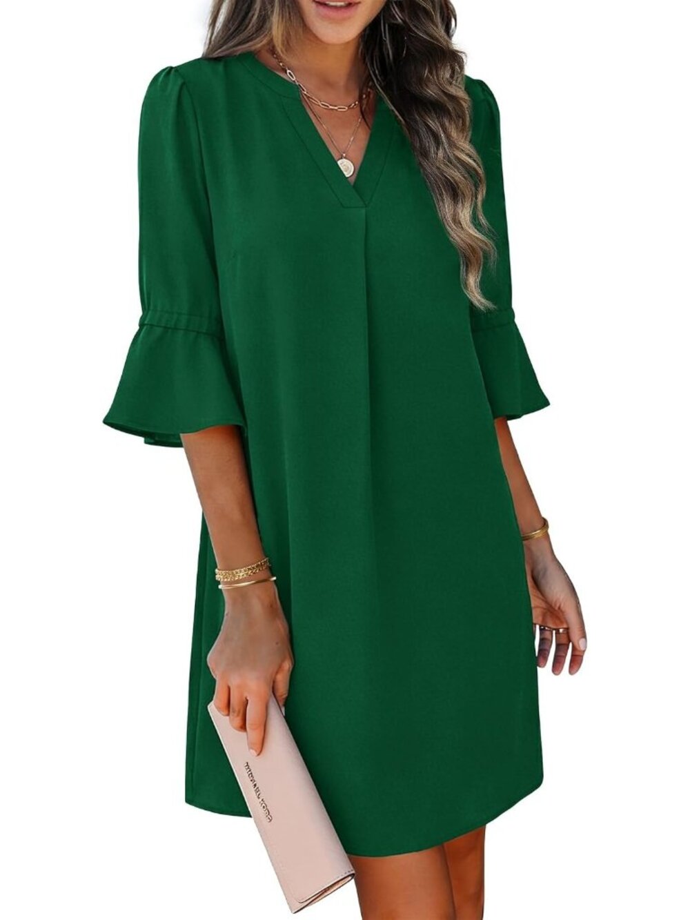 〽️Women's Dark Green V Neck Shift Dress Ruffle Sleeve Summer Dress with Pockets